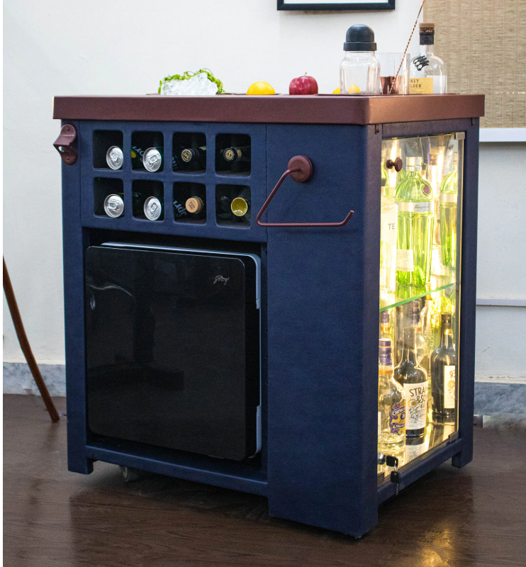 Model X All-In-One Metal Bar Cabinet in Leather Blue Finish With Built-In 30L Godrej Qube Fridge & Wheels