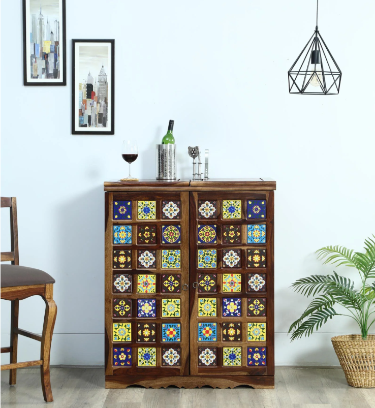 Siramika Sheesham Wood Bar Cabinet In Provincial Teak Finish