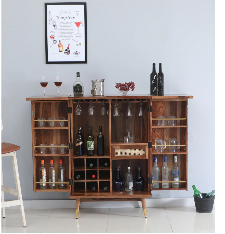 Caserta Sheesham Wood Bar Cabinet In Rustic Teak Finish