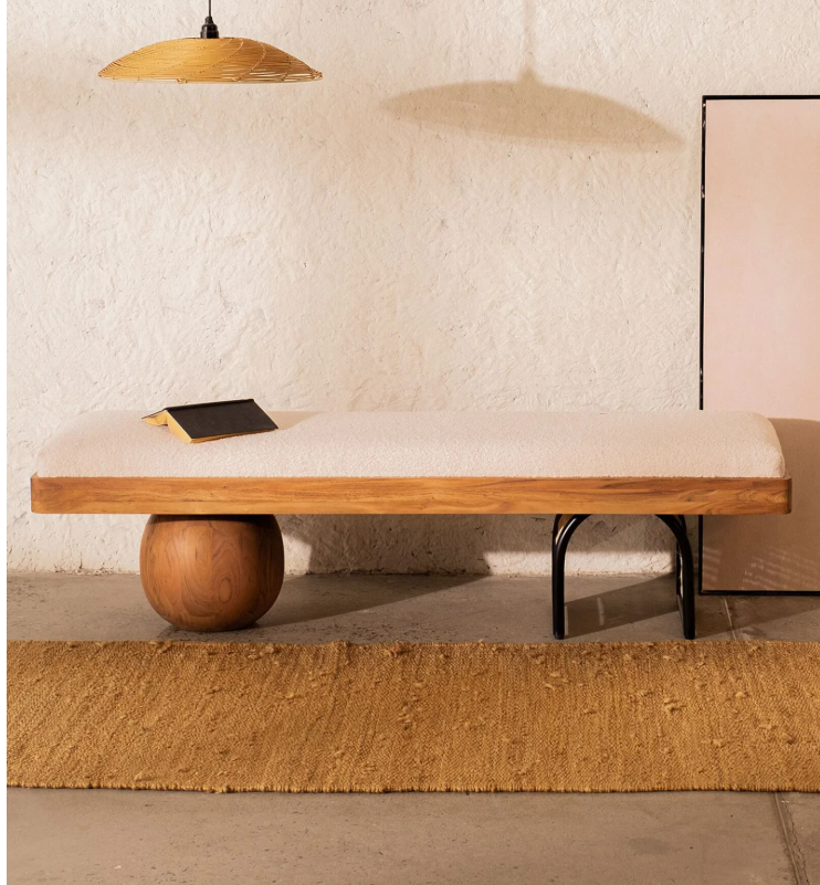 Andaman Avis Boucle Fabric Bench In Natural Finish