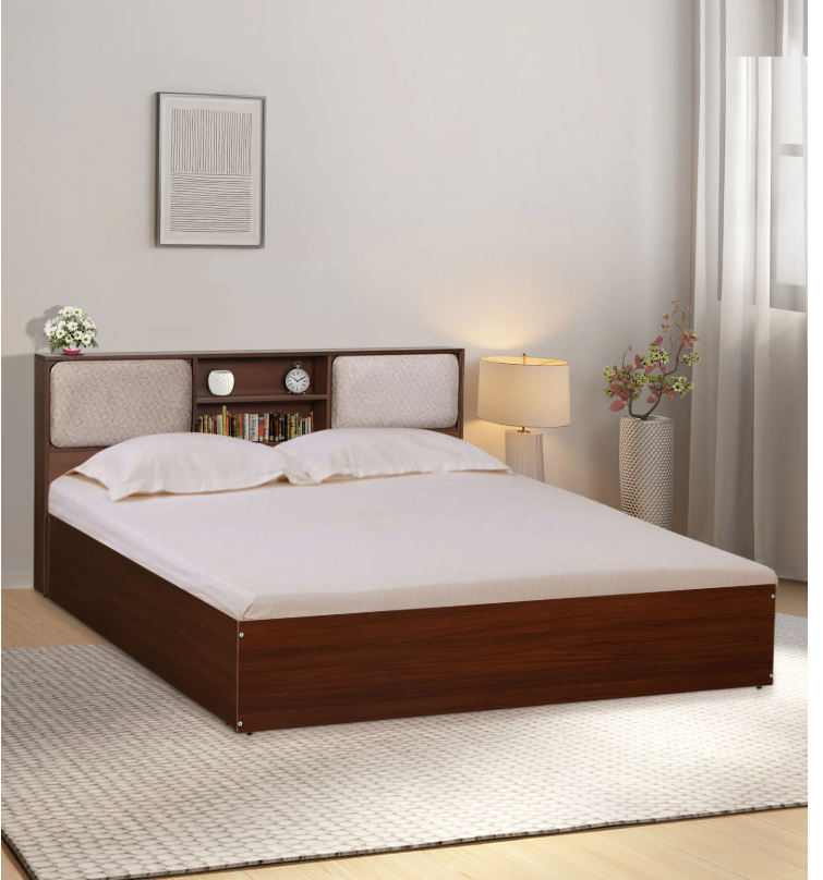 Yokohama King size Bed in Planked Walnut Finish with Hydraulic Storage & Upholstered Headboard Storage