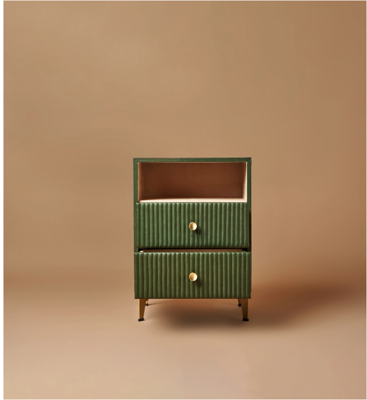 Linear Leather Bedside table in Olive Green Colour