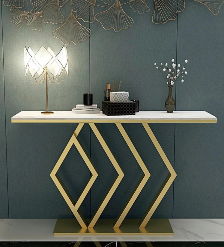 Designer Marble Top Console Table In Gold Finish
