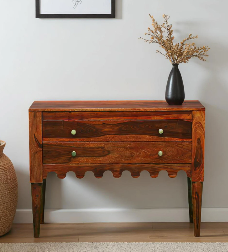 Ravenel Sheesham Wood Two Drawer Console Table In Honey Oak Finish