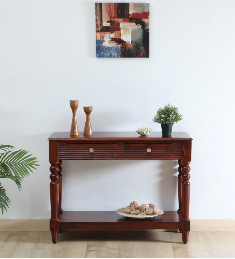 Clarion Sheesham Wood Console Table In Honey Oak Finish With Drawers