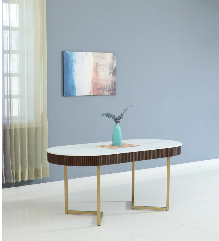 Kaffka Metal 6 Seater Dining Table In Brass Electroplating Finish With White Porcelain Top