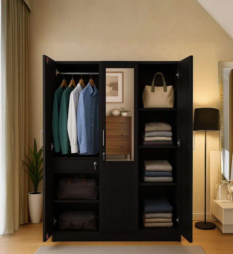 Kibo 3 Door Wardrobe In Wenge Finish With Drawer& Adjustable Shelves & Mirror
