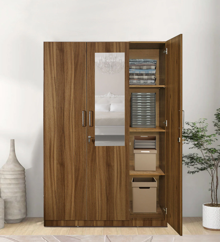 Kibo 3 Door Wardrobe In Lyon Walnut Finish With Drawer& Adjustable Shelves & Mirror