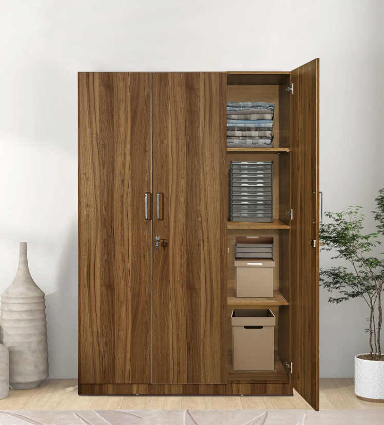 Kibo 3 Door Wardrobe In Lyon Walnut Finish With Drawer & Adjustable Shelves